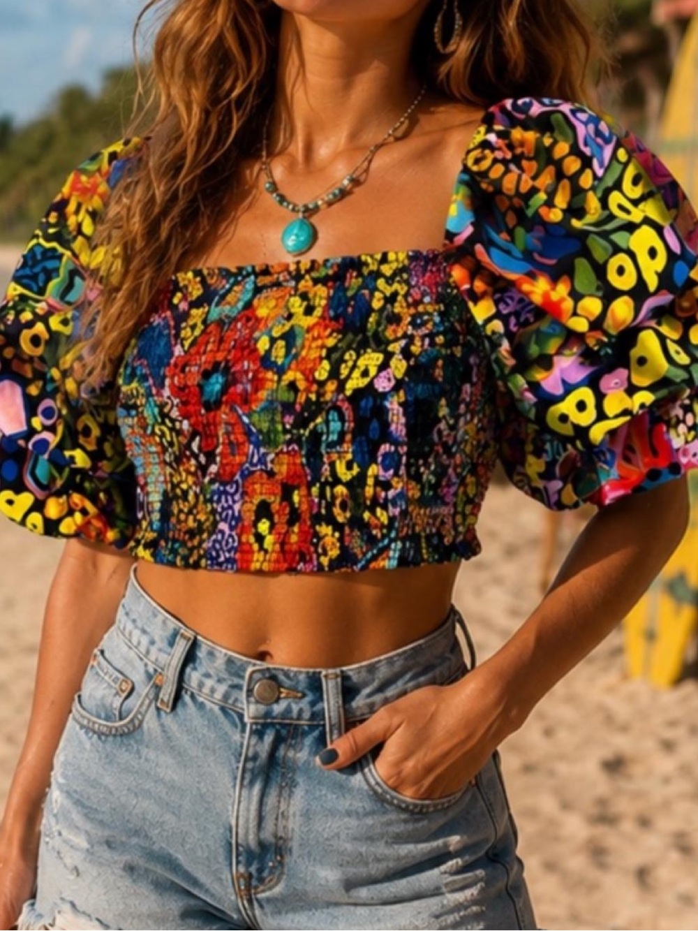 Ashley Stewart Multicolor Smocked Crop Top with Puff Sleeves